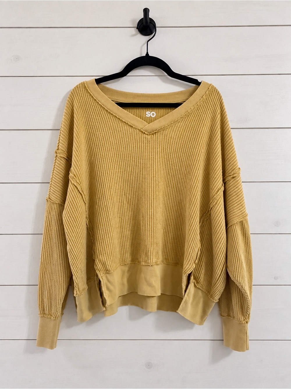 SO Women's Mustard Waffle V-Neck Pullover Sweater